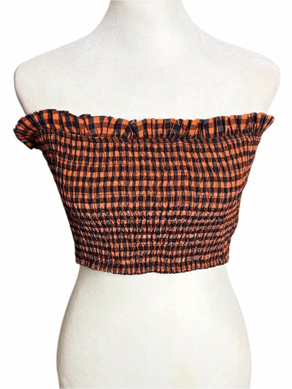 Ganni Orange and Black Gingham Smocked Tube Top With Top Ruffle